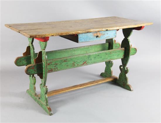 An early 18th century, possibly Scandinavian, painted pinewood table, W.4ft 9in. H.2ft 7in.